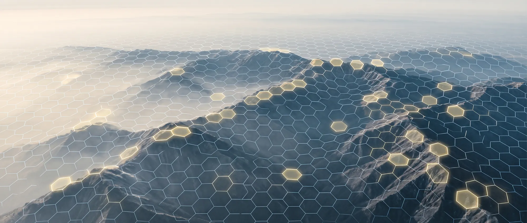 A glowing hexagon grid over misty mountains with a few cells lit gold, like an agency's content showing up across the web