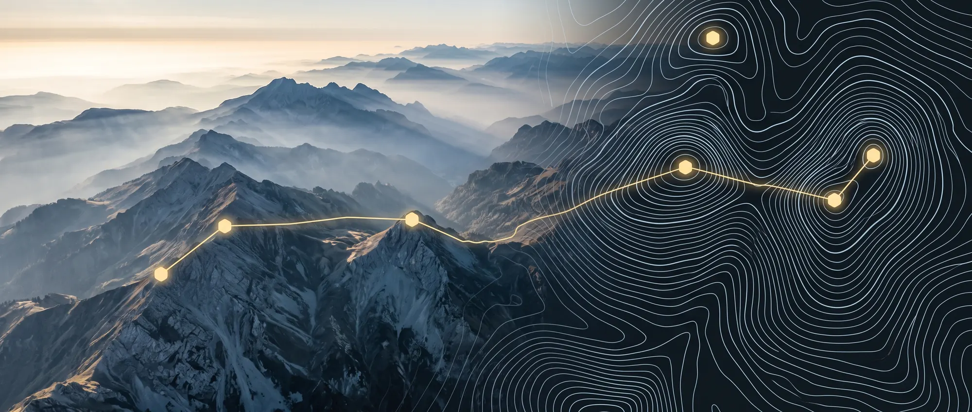 A glowing route traced across misty mountains into a contour map, like an agency workflow mapped from start to finish